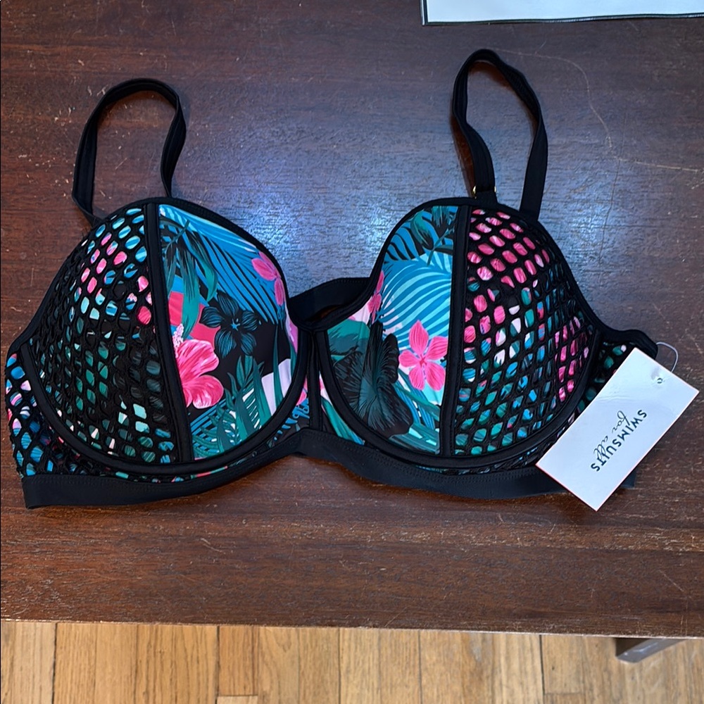 NWT Swimsuits For All Black and Pink Bikini top with Mesh Overlay